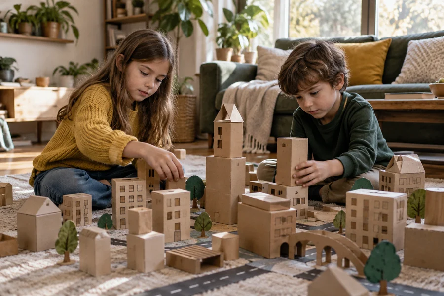 Two children building a cardboard city together on a living room rug.