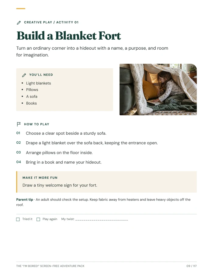 Actual main-book page with materials, numbered steps, and a photograph for building a blanket fort.