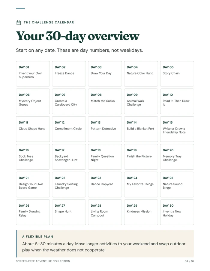 The real 30-day calendar with a different activity in each day cell.