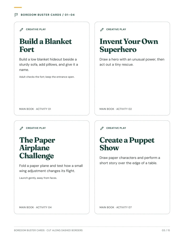Four actual printable activity cards featuring a blanket fort, superhero, paper airplane, and puppet show.