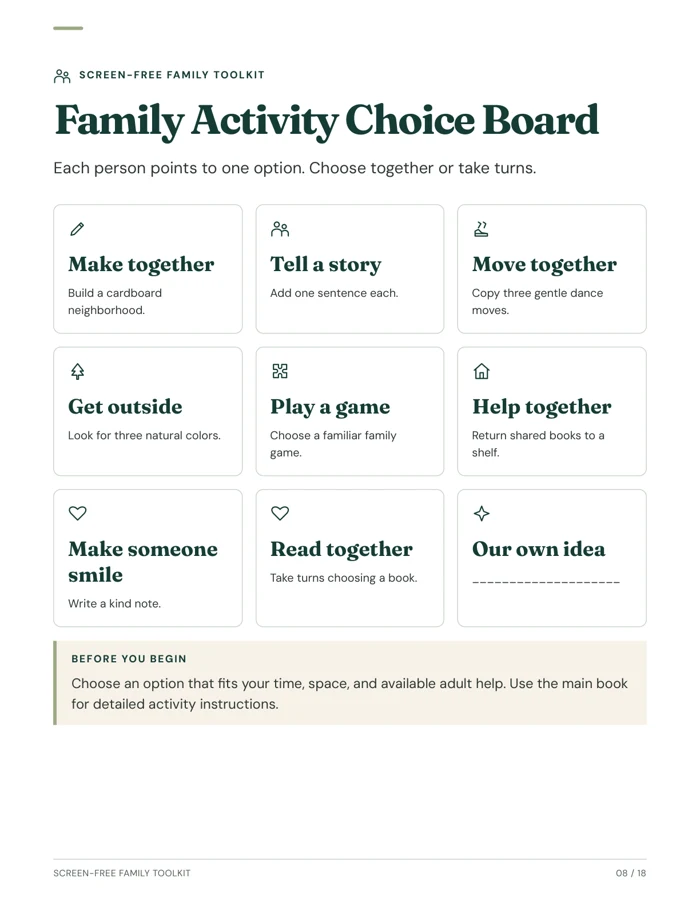The actual family choice board with nine choices including stories, movement, games, and creativity.
