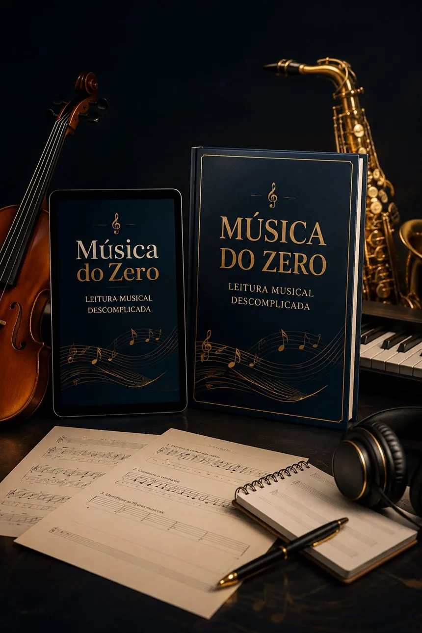 Apostila Música do Zero — Leitura Musical Descomplicada, ao lado de um tablet com partitura e folhas de exercício