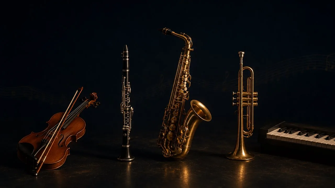 Violino, clarineta, saxofone, trompete e teclado lado a lado sobre fundo escuro