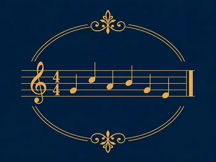 Partitura curta com clave de sol, fórmula de compasso quatro por quatro, seis notas e barra final
