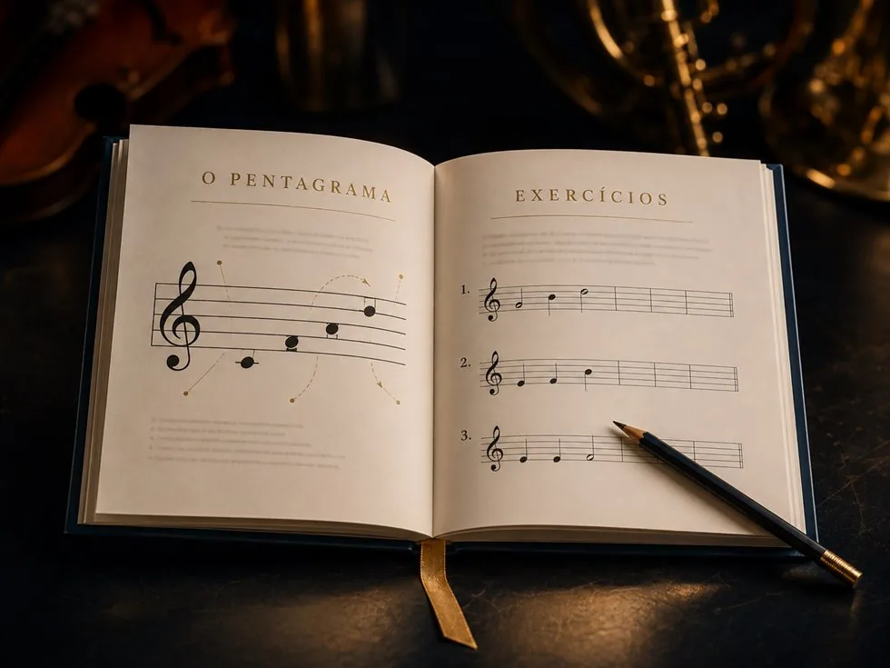 Apostila Música do Zero aberta, mostrando a página O Pentagrama à esquerda e a página Exercícios à direita